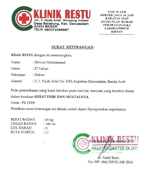 Contoh Surat Keterangan Sehat dari Klinik