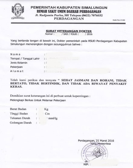 Contoh Surat Keterangan Sehat dari Rumah Sakit