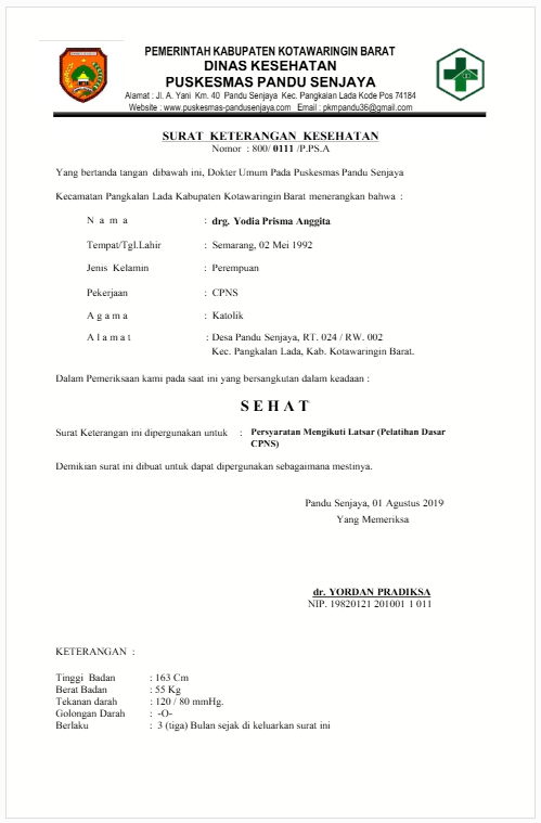 Contoh Surat Keterangan Sehat dari Puskesmas