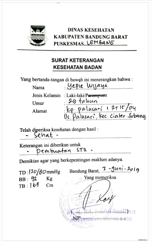 surat keterangan sehat dari dinas kesehatan