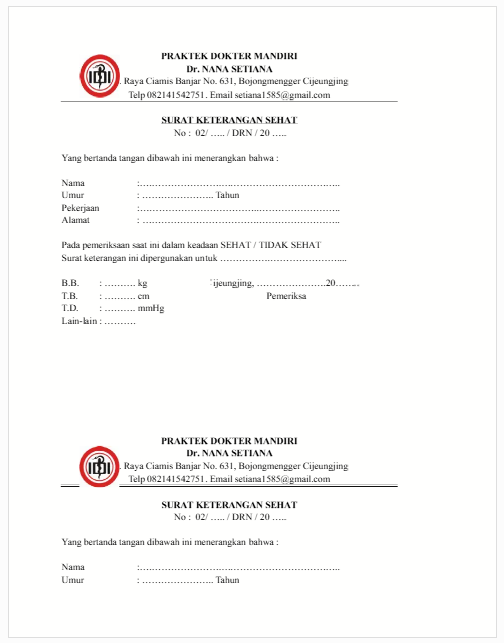 surat keterangan sehat dari dokter mandiri